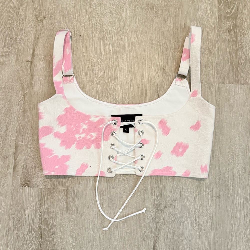 Vanessa Mooney Pink and White Tie-Dye Lace-Up Crop Top